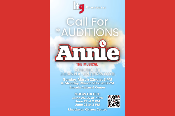 Flyer for auditions for the musical play, Annie. Bold white and red text against a light blue backgrond and red border.