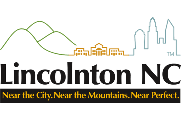 Logo for the City of Lincolnton, NC depicting a simple illustration with mountains, city, and a small town in between. The City's motto is below the main design: "Near the City. Near the Mountains. Near Perfect."