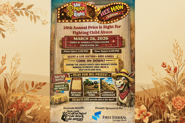 Flyer promoting a Price is Right-themed fundraiser for the Lincoln County Child Advocacy Center with shades of gold, brown and yellow depicting an illustrated rural landscape in the background.