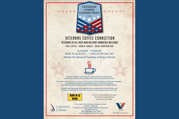 Promotional flyer for a veterans meetup at a local BBQ restaurant in Lincolnton with dark blue background.
