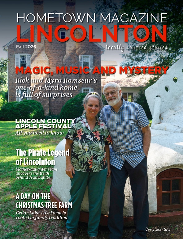 Cover_Fall 2026 Cover image of Hometown Magazine Lincolnton Fall 2026 issue. Local Lincolnton couple Rick and Myra Ramseur stand in front of their home, Woodside Plantation.